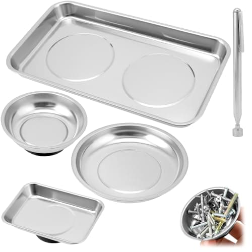 Image of QWORK® 5-Piece Magnetic Tool Tray Set, Magnetic Trays with 3LB Magnetic Pickup Stick, for Nuts and Bolts Metal Parts