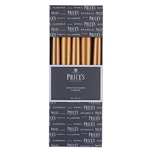 Image of Price's Candles - 10" Venetian Wrapped Dinner Candles - Gold - 10 Pack - 7 Hour Burn Time - Unscented - Non-Drip - Multi-Purpose