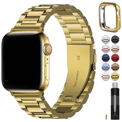 Image of Fullmosa Compatible with Apple Watch Straps 40mm 41mm 38mm 42mm(Series 11/10), Metal Stainless Steel Replacement Bands for iWatch SE 3 2 1/Series 11/10/9/8/7/6/5/4/3/2/1, Gold & Protective Case