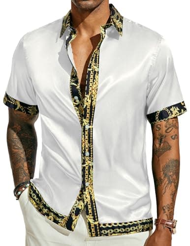 Image of PJ PAUL JONES Mens Short Sleeve Button Down Shirts Casual Stretch Satin Silk Hawaiian Beach Shirt, White, XXL