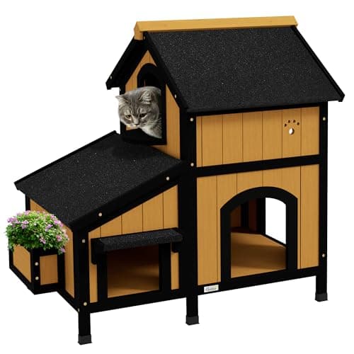 Image of PawHut Wooden Outdoor Cat House with Flower Pot, Windows, Multiple Entrances, Water-Resistant Roof - Yellow