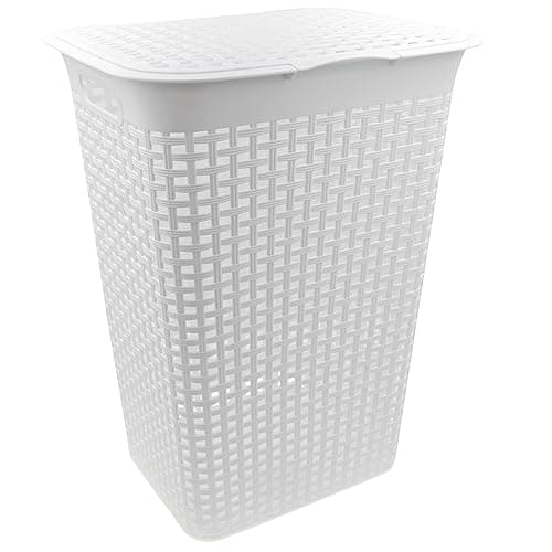 Image of HRB Laundry Basket with Lid Rattan Laundry Storage Plastic Laundry Sorter (55 L - Square, White)