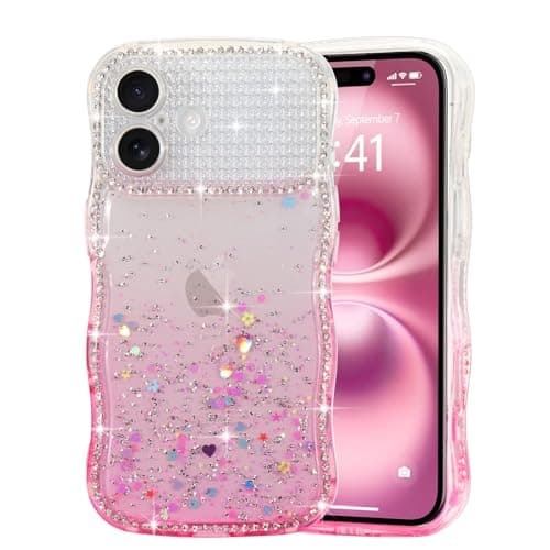 Image of LCHULLE Glitter Case for iPhone 16,Cute Curly Wave Frame Sparkle Love Heart Stars Clear Bling Phone Case for Women Girls,Crystal Shiny Diamonds Sequins Full Camera Protection Cover,Pink