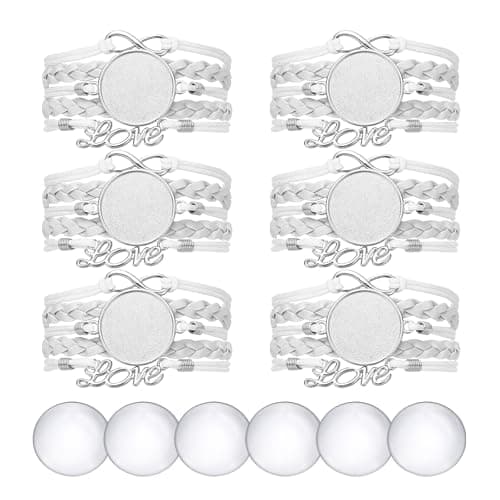 Image of sourcing map Bracelet Blanks for Jewelry Making 6pcs 25mm White Color Adjustable Alloy Round Bezel Tray Base Settings with 25mm Clear Glass Multi