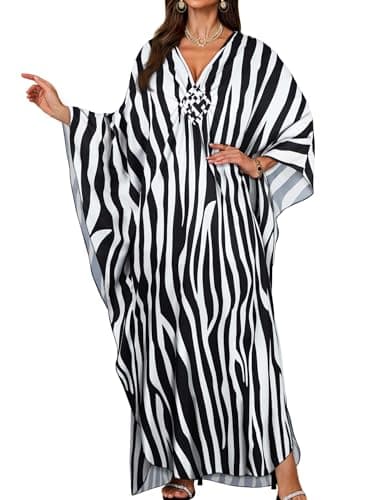 Image of florynova Kaftan Dresses for Women Ladies Swimwear V Neck Kaftans Summer Beach Cover Up Boho Maxi Dress(Black White Stripe)