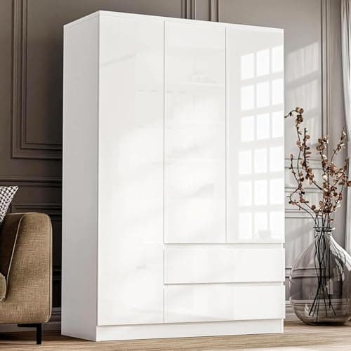 Image of Blisswood High Gloss 3 Door Wardrobe – MDF Wooden Bedroom Wardrobe with Hanging Rail, Modern Large Storage Cupboard with 5 Shelves and 2 Drawers, Triple Wardrobe for Bedroom Furniture (White)
