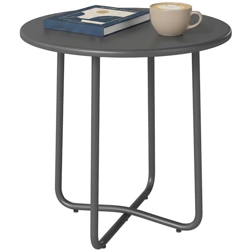 Image of Outsunny 48 cm Round Garden Side Table, Small Garden Table with Rolled Edge, Metal Outdoor End Coffee Tables Plant Stand for Indoor, Living Room, Patio, Balcony, Terrace, Dark Grey