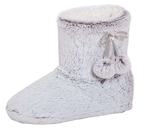 Image of Lora Dora Womens Faux Fur Slipper Boots Ladies Memory Foam Plush Grey Bootie Slippers Grey M/UK 5-6
