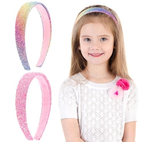 Image of COMNICO 2 PCS Glitter Headbands for Girls, Cute Sparkly Wide Thick Head Bands Bling Non Slip Hairband Rainbow Sequin Little Girl Hair Accessories for Children Kids Women