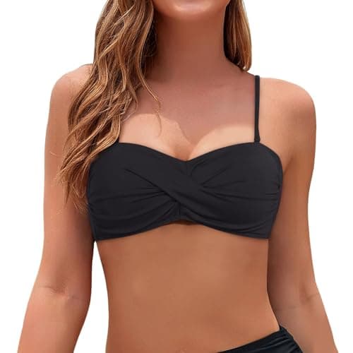 Image of Women's Twist Bandeau Bikini Top Strapless Swimsuit Top Only Swimming Costume Women Beach Vacation Holiday Essentials Black