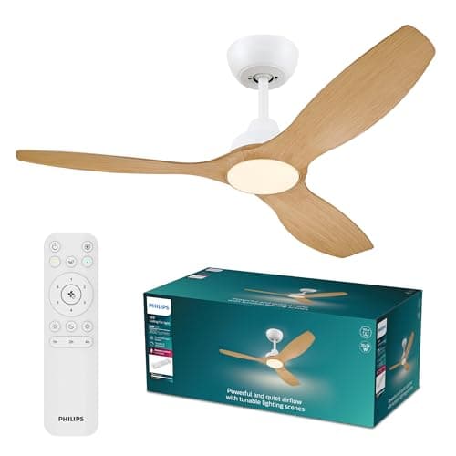 Image of Philips Olas Ceiling Fan with LED Light, 3 Blades, 132 cm Diameter, 2650 Lumens, Tunable White Light from 3000 K to 6500 K, Dimmable to 5%, Remote Control Included, White/Wood