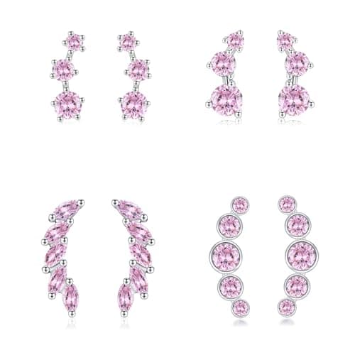 Image of Sterling Silver Stud Earrings for Women, 4 Pairs Hypoallergenic Pink Cubic Zirconia Flower Ear Climber Stud Cartilage Silver Earrings Set Multiple Piercings, Birthday Wedding Christmas Gifts