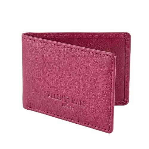 Image of ALLEN & MATE 100% Leather Travel Card Holder - Slim Minimalist Wallet for Travel Bus Pass ID License Oyster Card for Men & Women (Rose Red Premium)