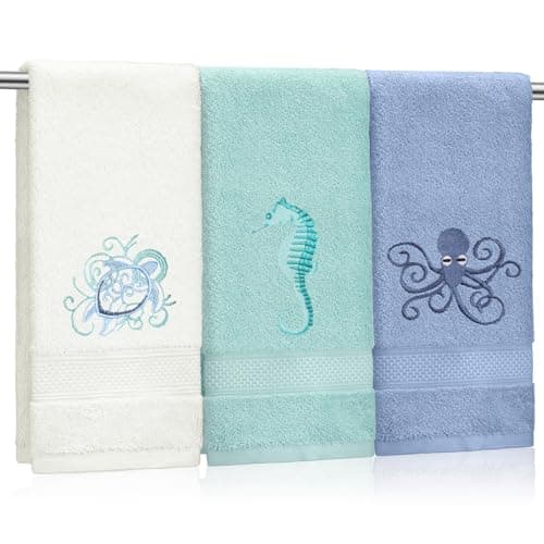 Image of Hahafelt 3 Pack Coastal Hand Towels for Bathroom 100% Cotton Embroidered Bathroom Towels 13.78 x 29.53 Inch Beach Hand Towels Soft Absorbent Cotton Towel (White, Blue Gray, Teal Aqua,Sea)