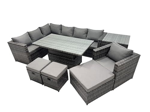 Image of FMSGarden 10-seater Height Adjustable Rising Lifting Table Corner Sofa Set Rattan Garden Furniture Dining Set with 3 Stool Side Table Dark Grey Mixed