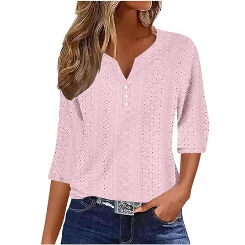 Image of Summer Tops for Women UK - Ladies Blouses Elegant Going Out Eyelet Embroidery Three Quarter Sleeve Tops Hollow Out Casual Business Outfits Tunic Tees Button 3/4 Sleeve V-Neck T-Shirts Pink