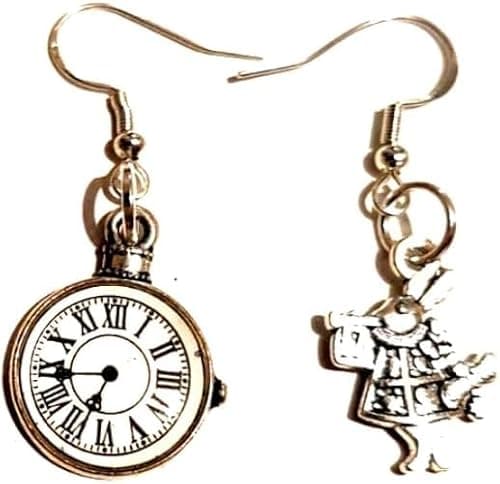 Image of ANTIQUE SILVER ALICE IN WONDERLAND, THE LATE WHITE RABBIT EARRINGS & POCKET WATCH ON STERLING SILVER HOOKS
