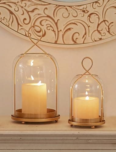 Image of NUPTIO Candle Holder Gold Glass: Pillar Hurricane Lanterns Outdoor Decorative Hanging Brass Candle Holders Set of 2 Large for Christmas Wedding Centrepiece