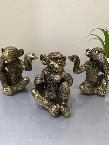 Image of Stunning Three Wise Brass Monkeys Ornaments Statue Set (3-Piece) See No Evil Hear No Evil Speak No Evil Figurine - Antique Bronze Gold Resin Sculpture for Home Décor