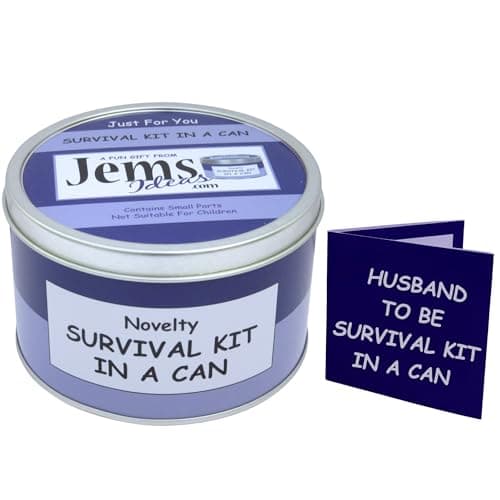 Image of Husband-To-Be Survival Kit in a Can – Funny Novelty Gift for Groom – Wedding Day Present & Card – Humorous Gift for Him, Groom-To-Be, Fiancé – Quirky Keepsake Box Gift Set (Purple/Lilac)