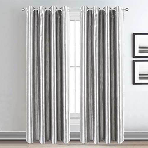 Image of The House Of Emily Blackout Room Darkening Eyelet Curtains - Thermal Insulating Window Curtains | Panels | Drapes - 2 Curtain Set - 2 Tie Backs Included (90" x 90", Silver Embossed)