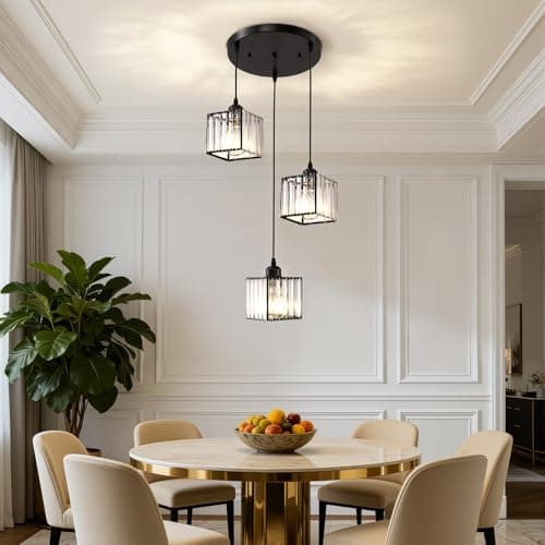 Image of Warmiehomy Modern Crystal Chandelier 3 Lights, Hanging Lights Adjustable Height, E27 Pendant Ceiling Light for Kitchen Island, Living Room, Bedroom, Hallway,Square,D30*H120cm(Black)