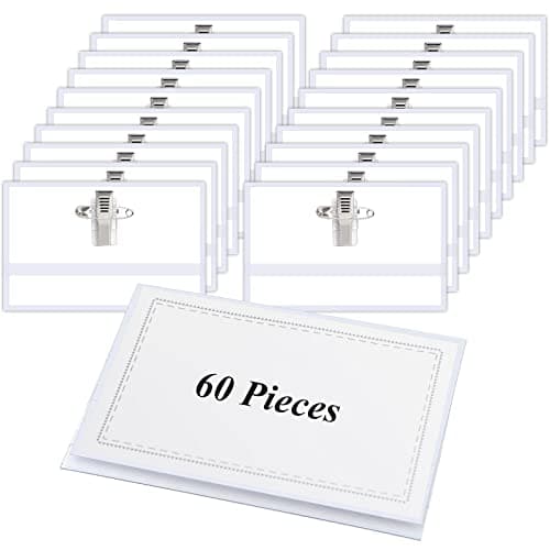 Image of 60PCS Plastic Name Badges, Horizontal ID Card Holders with Crocodile Clip and Safety Pin, Clear Plastic Name Badge Holders, Waterproof Card Sleeves for Schools Colleges Offices Conferences (9x5.6cm)