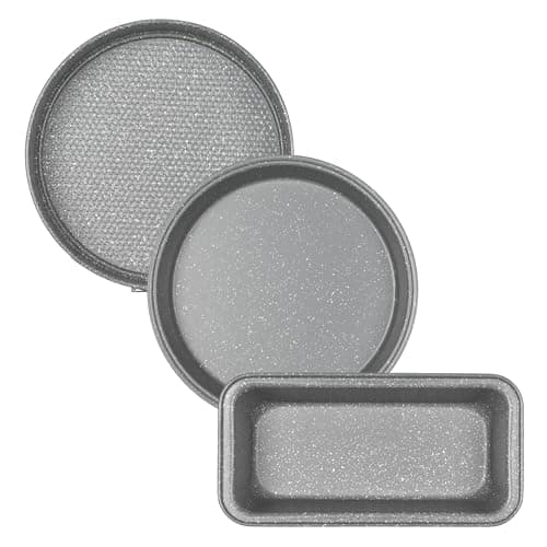 Image of Salter Marble Collection 3pc Bakeware Set – 24cm Round Cake Tin, 24cm Springform Cake Tin & 27cm Loaf Pan, Non-Stick Carbon Steel, PFOA-Free, Oven Safe Up To 220°C, Easy Clean, Grey Marblestone Finish