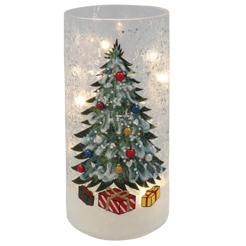 Image of Shudehill Giftware Xmas Crackle Glass LED Lights Holly, Robins & Christmas Tree Designs Battery Operated Festive Decorations (Tree Tube Height 20.5X Width 10x Depth 10cm)