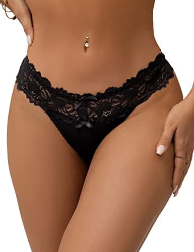 Image of ohyeahlady Lace Thongs for Women Sexy Stretchy French Knickers Plus Size Underwear Ladies Panties Hipster Bikini,Black UK 12-14