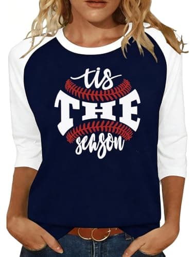 Image of Baseball Shirts for Women Tis The Season Baseball Printed 3/4 Sleeve T-Shirts Game Day Raglan Tops, Navy-1, L