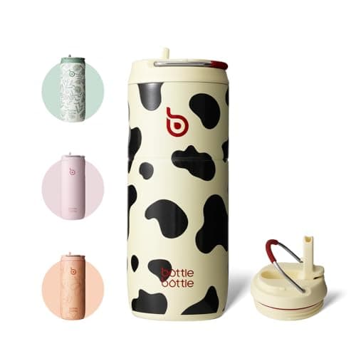 Image of BOTTLE BOTTLE Insulated Water Bottle 500ML with Straw and Lid Stainless steel Sports Drink Flasks with Handle (cow)