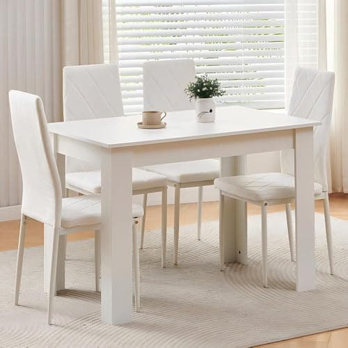 Image of Homullel 110cm Dining Table and 4 Chairs, 4 Seater Kitchen Table and Chairs Set for Space Saving, Compact Dining Room Set for 4, 110x70 cm, Wooden, White (4 Seaters, Flannel White #2)