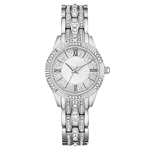 Image of Women's Diamond Watch With Metal Strap - Wind-Up, No Battery, Simple Design - Ladies Gift Watch (Silver, One Size)