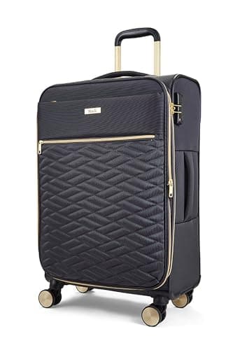 Image of Rock Sloane Medium Expandable Soft Shell Hold Suitcase in Charcoal - Signature London Styling, 360 Swivel-Wheels, Telescopic Handle, Stylish Gold Accents & TSA Combination Lock - 67 x 41 x 30 cm 2.7KG