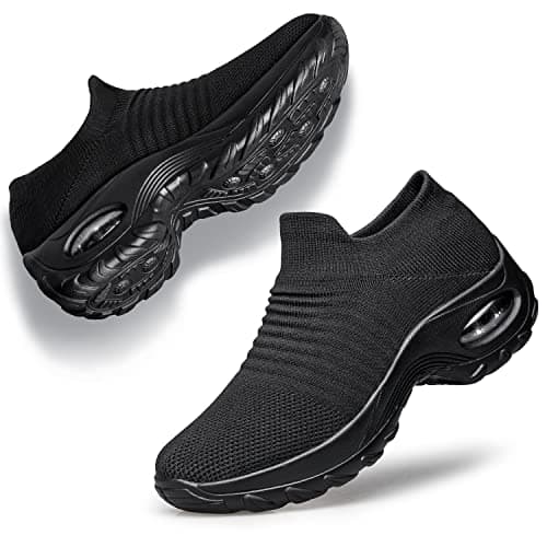 Image of Raoendis Womens Arch Support Trainers Slip on Walking Shoes, Ladies Breathable Mesh Sneakers Comfortable Orthopedic Shoes with Air Cushion Black Size 5