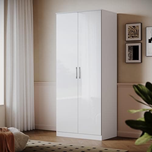 Image of ELEGANT Modern High Gloss Soft Close 2 Doors Wardrobe with Metal Handles Includes a removable hanging rod and storage shelves, White