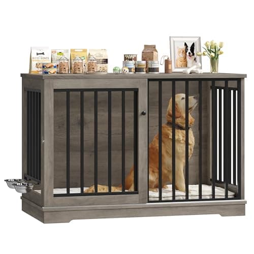 Image of FirFurd Dog Crate Furniture Dog Cage for Large Breeds Wooden Puppy Kennel with Sliding Doors & 2 Bowls Heavy Duty Pet House Indoor Sideboard Cabinet Brown 120x90x60cm