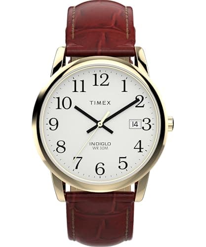 Image of Timex Men's Easy Reader 35 mm Watch, Brown Leather Strap White Dial Gold-Tone Case TW2W95500