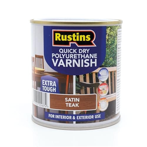 Image of RustinsQuick Dry Poly Varnish Satin Teak 500ml -Tough, Water-Based Clear Finish in Gloss, Matt or Satin; Durable Protection for Interior Wood, Furniture and Floors
