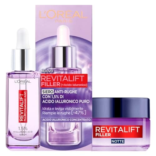Image of L'Oréal Paris Revitalift Filler Plumping Action Face Serum + Replumping Anti-Wrinkle Night Face Cream – 2 Treatments with Hyaluronic Acid