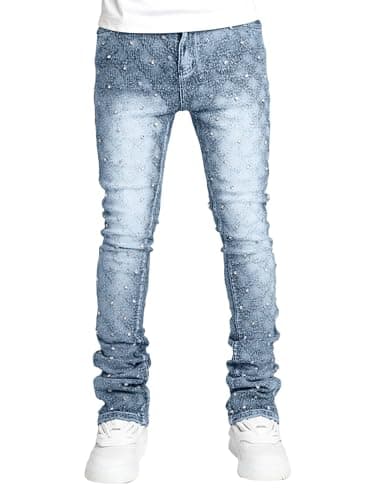 Image of SANSIWU Stretch Fit Skinny Stacked Ripped Destroyed Y2K Patch Jeans (C-Blue, M)