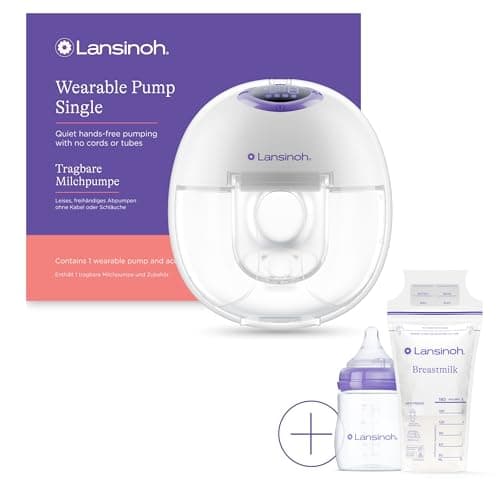 Image of Lansinoh Wearable Electric Breast Pump Bundle - 4 Pumping Modes, 9 Suction Levels - Hands Free Portable & Quiet Pumping- LED Display - Includes 25 Breast Milk Storage Bags + Feeding Bottle (1 Pumps)