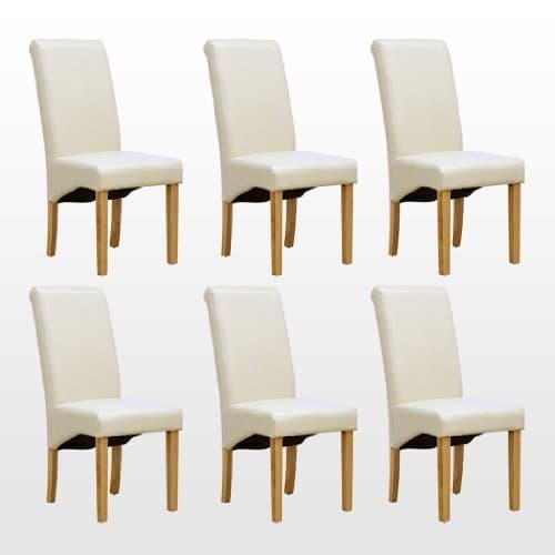 Image of Folk Set of 6 Faux Leather Dining Chairs Roll Top High Back with Solid Wooden Legs Oak Finish for Home & Dining Living Room Bedroom Kitchen (Cream/Ivory)
