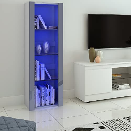 Image of Panana High Gloss Tall Display Cabinet Wood Cupboard Sideboard Free Standing Storage Unit with Glass Shelves RGB LED Lights Living Room (White and Grey)