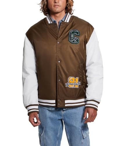 Image of GUESS Men's Tyler Varsity Bomber Jacket, Dark Luxe Brown/Wht Blocking, L