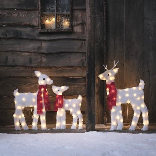 Image of Lights4fun Outdoor Christmas Set of 3 Snowy Reindeer Light Up Figures 100 Warm White LEDs Plug In with Timer