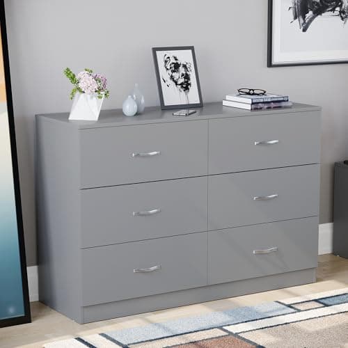 Image of Vida Designs 6 Drawer Wide Chest of Drawers Bedroom Storage Unit Sliding Drawers Bedroom Furniture (Grey)