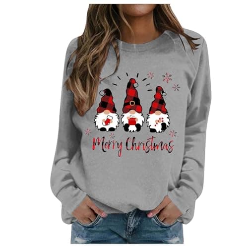 Image of Christmas Jumpers for Women Novelty Christmas Tree Gonk Elf Gnome Doll Print Xmas Sweatshirts Casual Loose Round Neck Fit Tunic Pullover Fleece Sweater Blouse Comfortable Warm Hoodies (H1-Grey, XXXL)