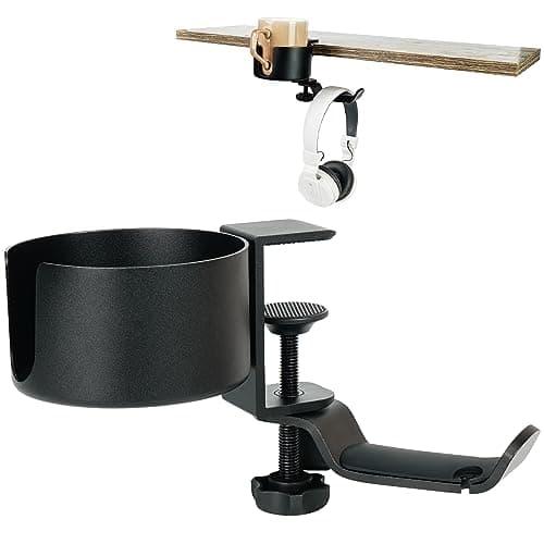 Image of Belle Vous 2-in-1 Desk Cup Holder and Headphone Stand - Multi-Functional Under Table Headset Hanger with 360 Degree Rotating Bracket - Anti-Spill Cup Holder for Computer, or Gaming PC